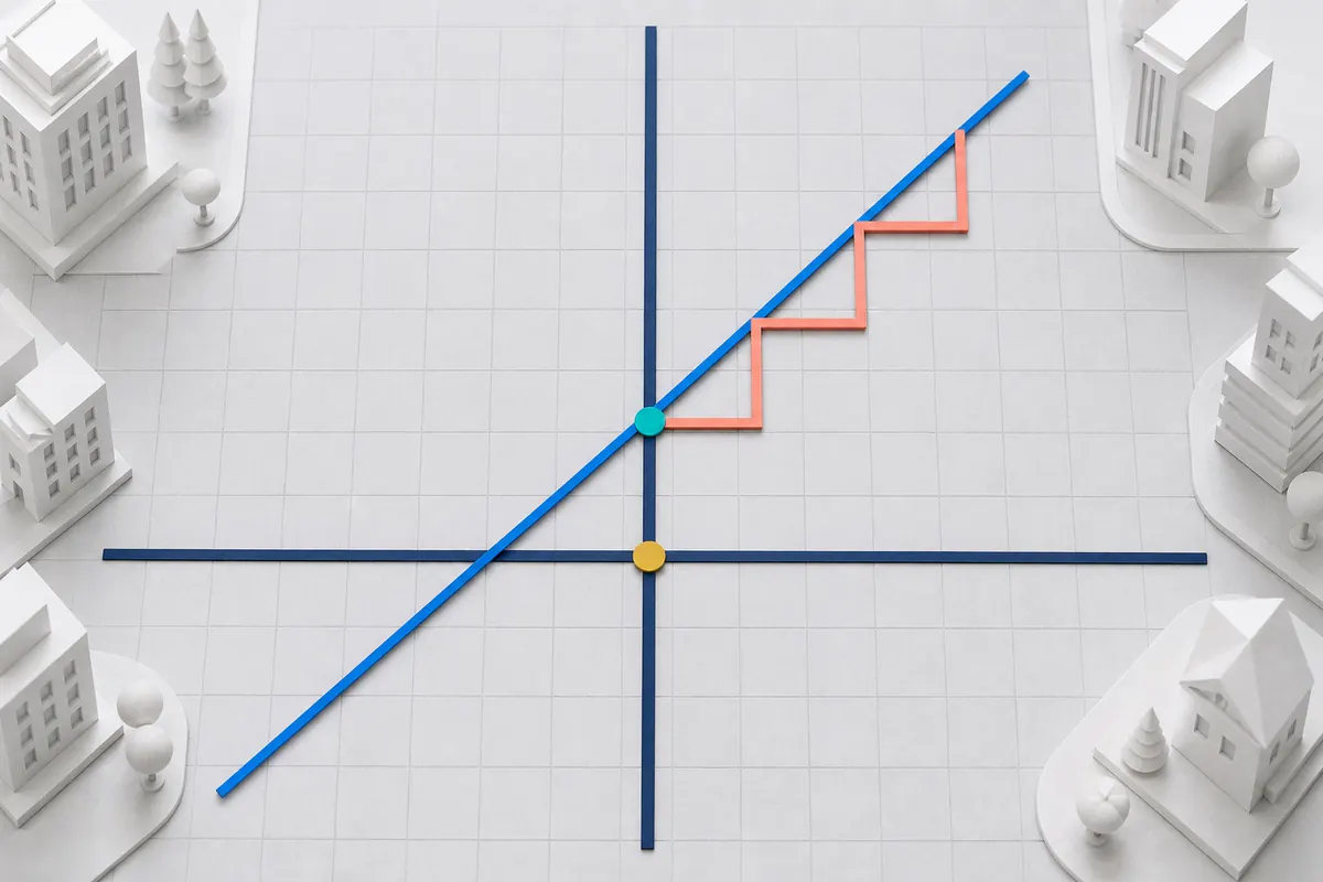 A line graph becoming a route through a future city